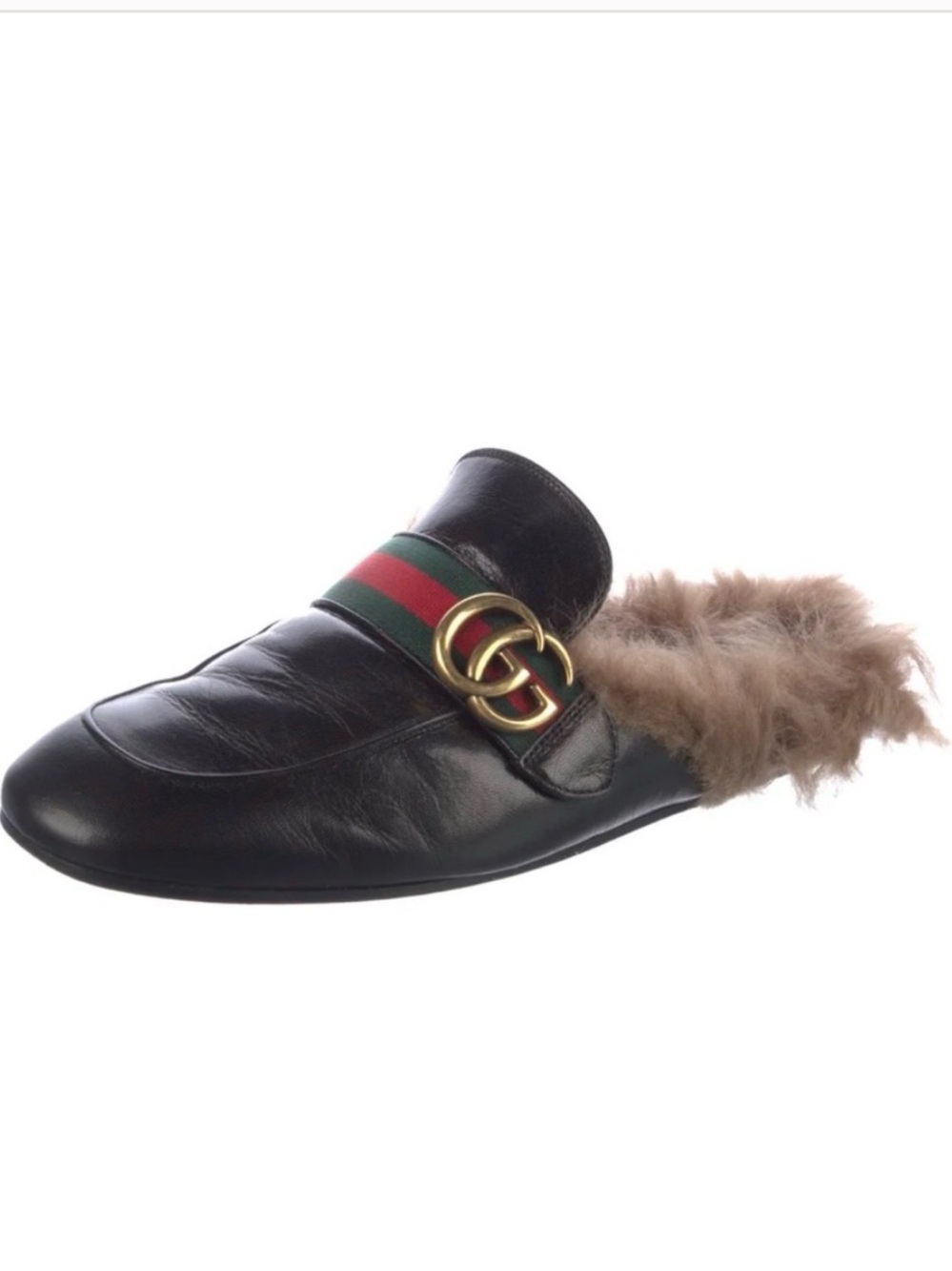 Gucci Black Leather Fur-Lined Mule with Green-Red Webbing and Gold GG size 7M/9W
